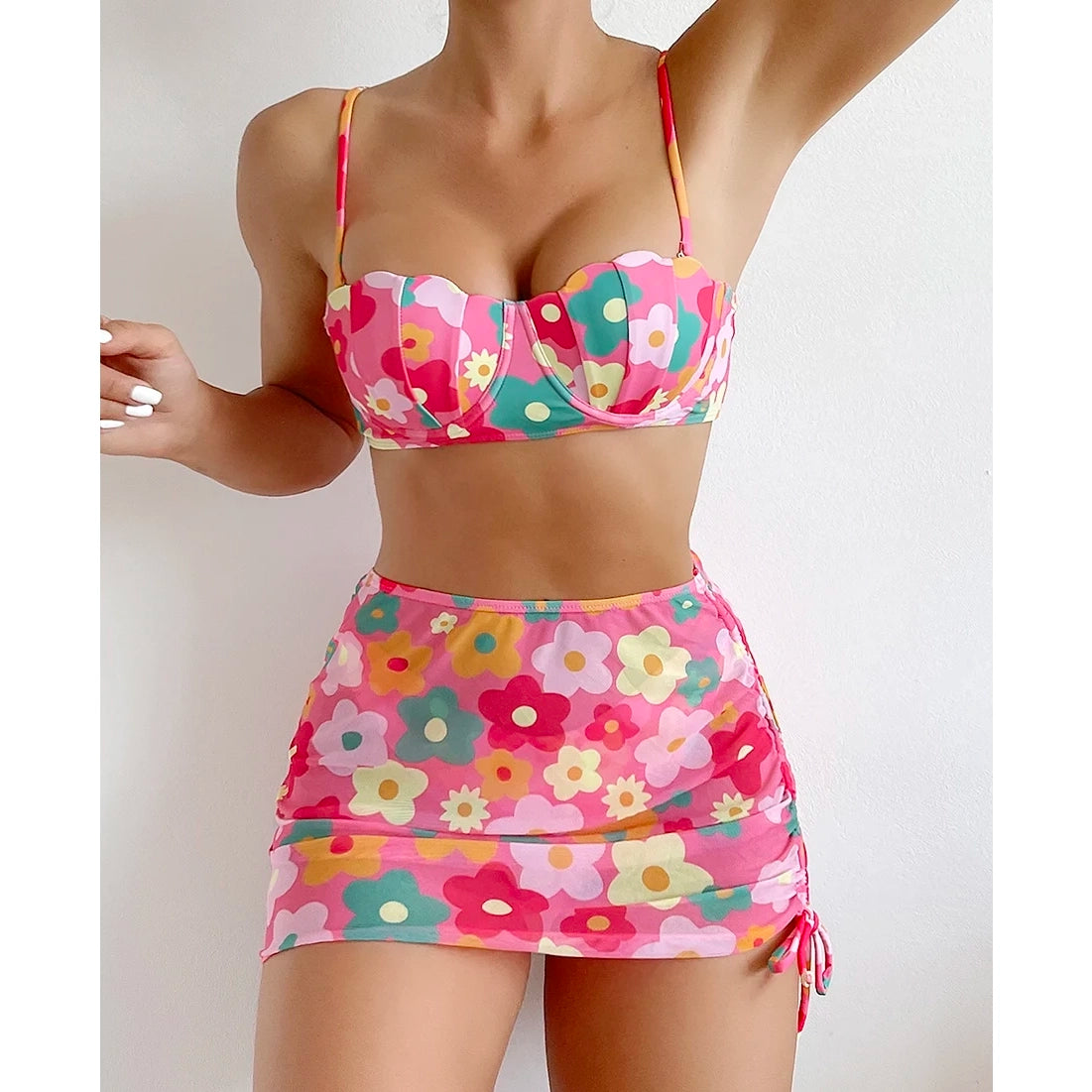 Beautiful 3pcs Floral Print Push Up Bra, Bikini & Cover Up Skirt Beach Set